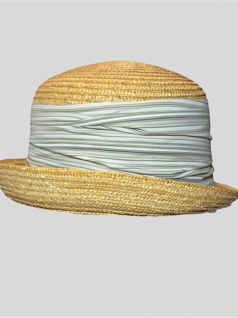 Betmar New York Vintage Straw Cloche Bowler Hat Striped Ban - Picture 5 of 16